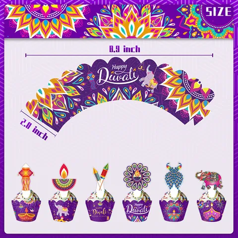 Diwali Festival Of Lights Cake Toppers And Wrappers Peacock Elephant Diya Mandala Pattern Cupcake Decorations Party Supplies