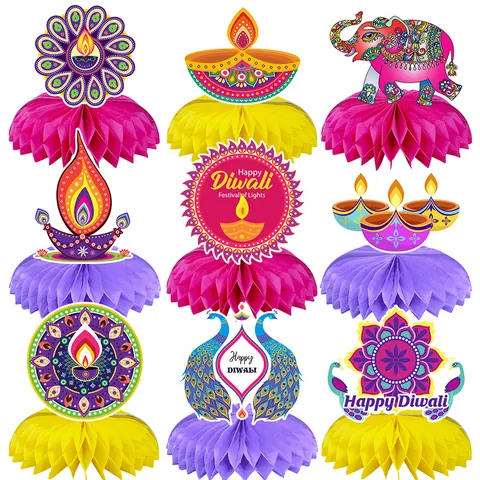 Happy Diwali Honeycomb Centerpieces Indian Festival Of Lights Party Table Decorations With Elephant Peacock Diya Mandala Pattern Paper Table Ornaments