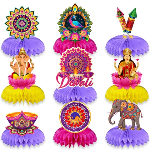 Diwali Honeycomb Centerpieces Table Decorations Indian Festival Ganesha Lakshmi Elephant Peacock Mandala Diya Lamp Paper Decor