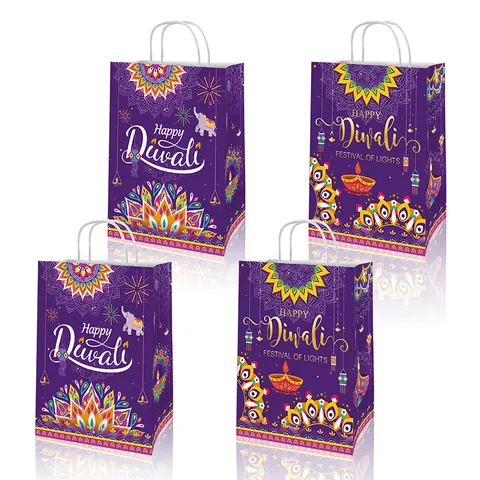 Happy Diwali Purple Kraft Paper Gift Bags With Handles Mandala Elephant Diya Pattern Festival Of Lights Party Favor Bags