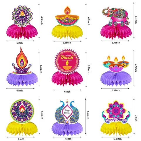 Happy Diwali Honeycomb Centerpieces Indian Festival Of Lights Party Table Decorations With Elephant Peacock Diya Mandala Pattern Paper Table Ornaments