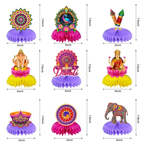 Diwali Honeycomb Centerpieces Table Decorations Indian Festival Ganesha Lakshmi Elephant Peacock Mandala Diya Lamp Paper Decor