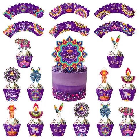 Happy Diwali Cake Toppers Cupcake Wrappers Purple Mandala Elephant Diya Peacock Indian Festival Of Lights Party Decoration