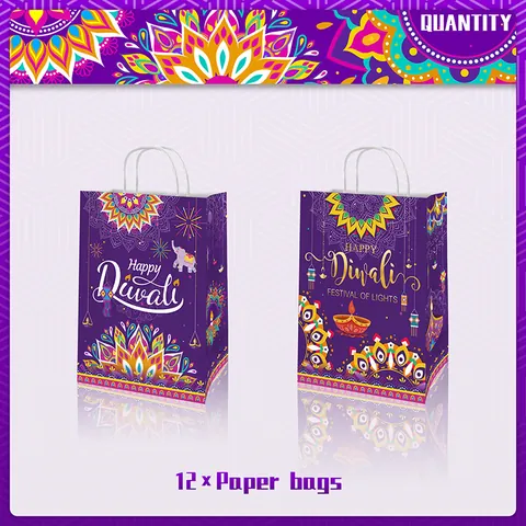Happy Diwali Purple Kraft Paper Gift Bags With Handles Mandala Elephant Diya Pattern Festival Of Lights Party Favor Bags
