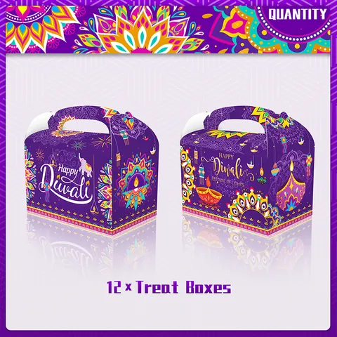 Happy Diwali Gift Box Festival Of Lights Snack Candy Box With Handles Elephant Mandala Pattern Purple Paper Treat Box