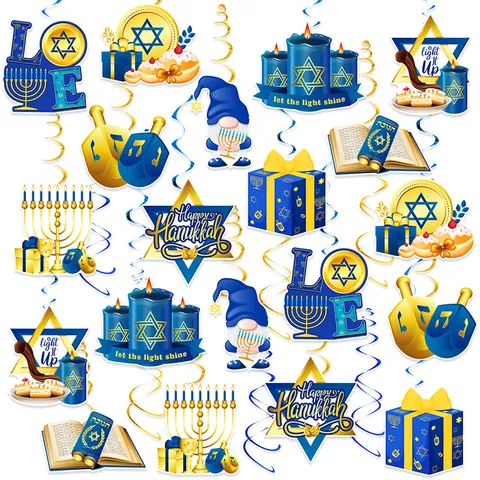 Hanukkah Hanging Swirl Decorations Set Blue Gold Star Of David Menorah Dreidel Gnome Ceiling Hanging Ornaments For Jewish Festival Party Home Decor