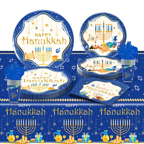 Set Stoviglie Festa Happy Hanukkah Piatti di Carta Usa e Getta Bicchieri Tovaglioli Posate di Plastica Tovaglia Menorah Arredo