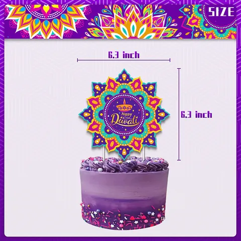 Happy Diwali Cake Toppers Cupcake Wrappers Purple Mandala Elephant Diya Peacock Indian Festival Of Lights Party Decoration
