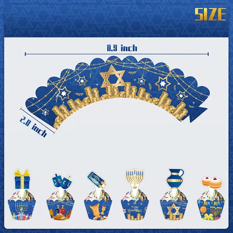 Hanukkah Cupcake Stand Cardboard 3-Tier Dessert Tower Menorah Star of David Dreidel Blue Gold Party Decor Wrappers Toppers