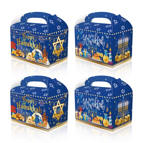 Happy Hanukkah Gable Boxes For Candy Treats Gift Handheld Paper Menorah Star Of David Blue Holiday Party Favor Supplies