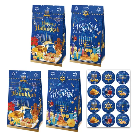 Hanukkah Kraft Χάρτινες Τσάντες Δώρου Με Αυτοκόλλητα Μενορά Άστρο του Δαυίδ Happy Hanukkah Θρησκευτική Συσκευασία Πάρτι