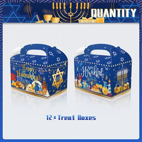 Happy Hanukkah Gable Boxes For Candy Treats Gift Handheld Paper Menorah Star Of David Blue Holiday Party Favor Supplies