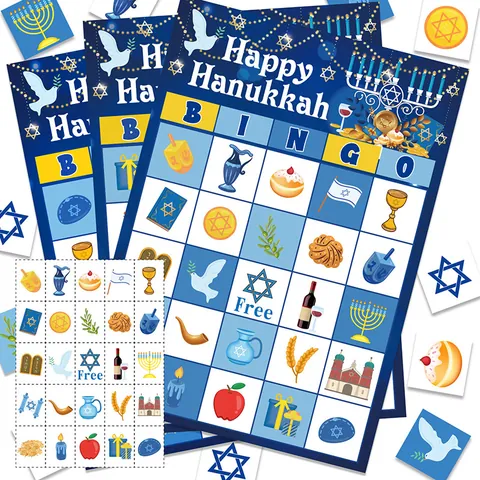 Happy Hanukkah Bingo Game Cards For Kids Party Supplies Paper Player Cards And Marker Cards Dreidel Menorah Pattern Blue Gold