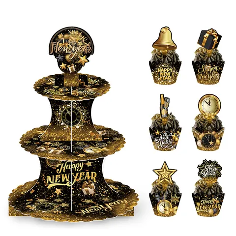 Black Gold Happy New Year Tiered Paper Cake Stand Cupcake Toppers Wrappers For New Year Eve Party Decoration Dessert Table Supplies