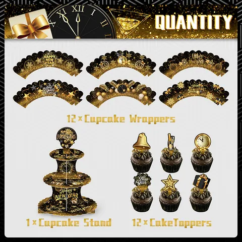 Black Gold Happy New Year Tiered Paper Cake Stand Cupcake Toppers Wrappers For New Year Eve Party Decoration Dessert Table Supplies
