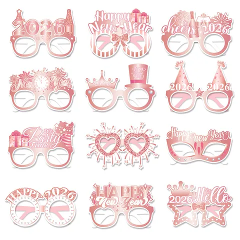 Happy New Year 2026 Party Paper Glasses Rose Gold Glitter Photo Booth Props For Midnight Countdown Celebration Decorations