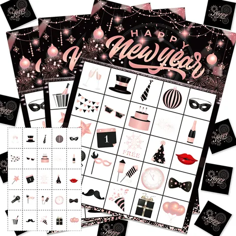 Happy New Year Bingo Game Player Cards Marking Cards Reference Page Paper Material Rose Gold Black White Party Supplies