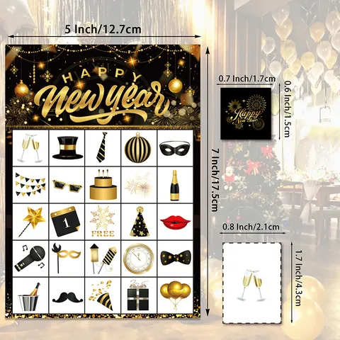 Frohes Neues Jahr Bingo Spielkarten Mit Spieler-Karten Und Markierungschips Schwarz Gold Partyzubehör Für Silvesterfeier Familienfeier Aktivitäten