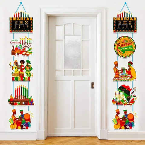 Kwanzaa Porch Sign Banner Decorations Cardstock Hanging Door Couplet With Kinara African Ethnic Patterns For Kwanzaa Party Home Wall Decor Set