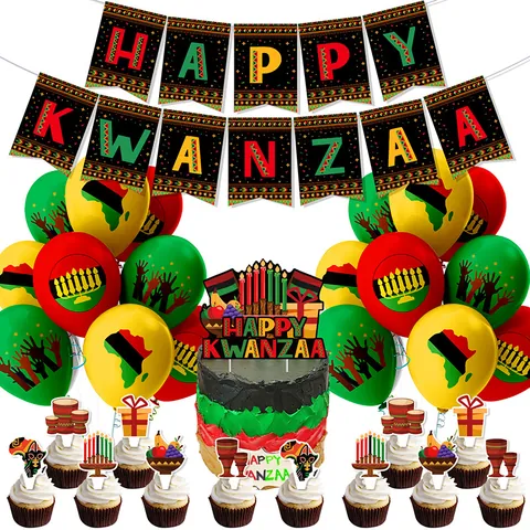 Happy Kwanzaa Banner Cake Toppers Latex Balloons African Cultural Festival Celebration Decor Festive Party Decoration