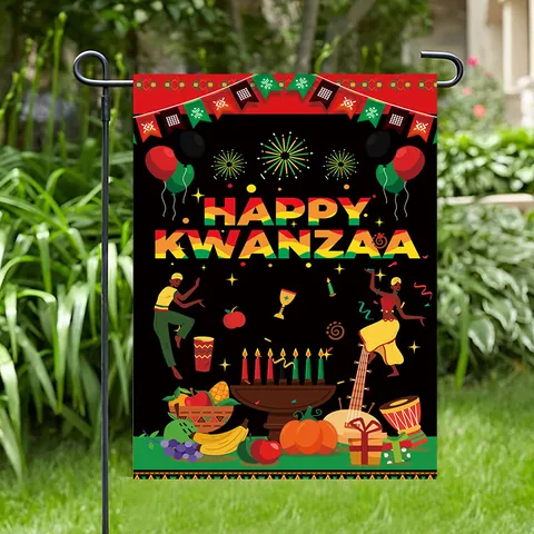 Happy Kwanzaa Garden Flag Polyester Double Sided Outdoor Yard Kinara African Drum Heritage Celebration Decorative Flag