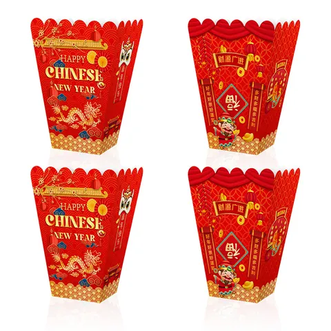 Chinesisches Neujahr Popcorn Schachteln Rot Gold Drache Party Treat Boxen Einweg Papier Snack Behälter Für Feierlichkeiten