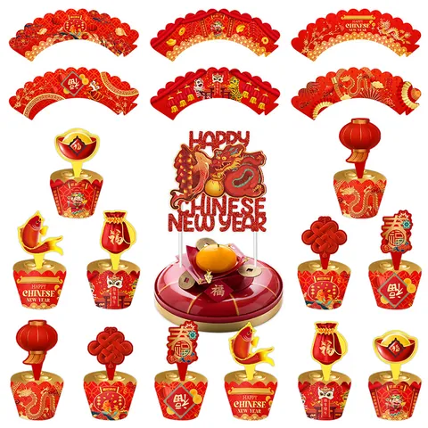 Decoración Pasteles Año Nuevo Chino Papel Rojo Dorado Envoltorios Cupcake Toppers Dragón Pez Koi Linterna Adornos Fiesta