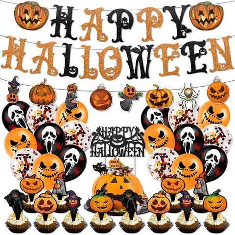Halloween Party Deko Set Happy Halloween Banner Orange Kürbis Tortenstecker Luftballons Für Haus Party Dekoration