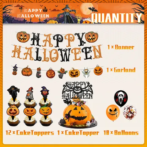 Halloween Party Deko Set Happy Halloween Banner Orange Kürbis Tortenstecker Luftballons Für Haus Party Dekoration