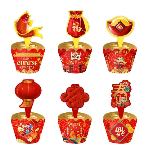 Chinese New Year Cupcake Wrappers And Toppers Set Traditional Red Gold Pattern Paper Cake Decorations For Lunar New Year Party Supplies