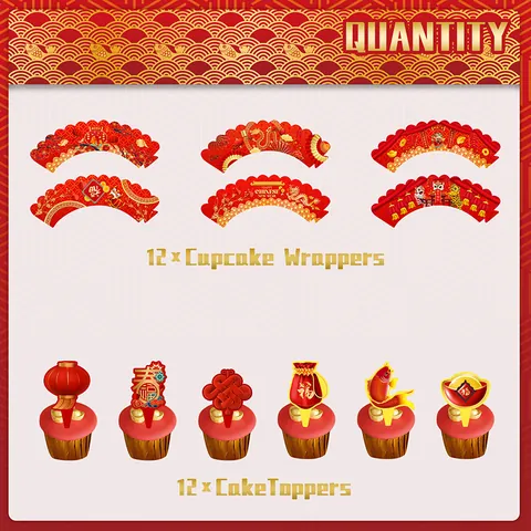 Chinese New Year Cupcake Wrappers And Toppers Set Traditional Red Gold Pattern Paper Cake Decorations For Lunar New Year Party Supplies