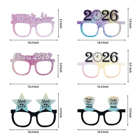 2026 Happy New Year Party Glasses Glitter Paper Eyeglasses Photo Booth Props Eve Celebration Party Decorations Supplies
