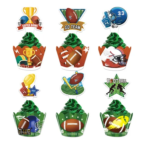 Decorazioni per Cupcake a Tema Football Americano per Feste di Campionato Topper e Involucri in Carta con Motivi di Casco e Trofeo