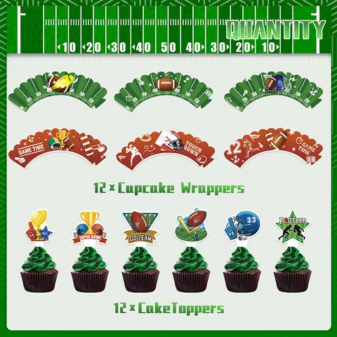Decorazioni per Cupcake a Tema Football Americano per Feste di Campionato Topper e Involucri in Carta con Motivi di Casco e Trofeo