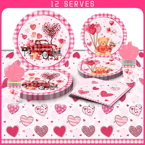 Vajilla Desechable para Fiesta de San Valentín Corazón Rosa Camión Rojo Oso de Peluche Platos de Papel Vasos Servilletas Cubiertos de Plástico Mantel Artículos Románticos