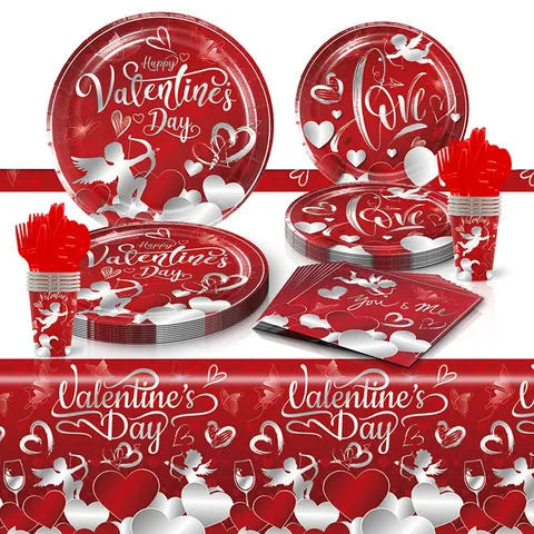 Ensemble de Vaisselle Jetable Rouge Saint-Valentin Assiettes en Papier Gobelets Serviettes Nappe Couverts en Plastique Cœur