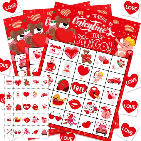 Juego de Cartas de Bingo de San Valentino para Decoración de Fiesta Tema Corazón Rojo Cupido Juego Interactivo de Vacaciones Tarjetas de Papel