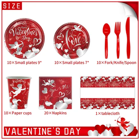 Ensemble de Vaisselle Jetable Rouge Saint-Valentin Assiettes en Papier Gobelets Serviettes Nappe Couverts en Plastique Cœur