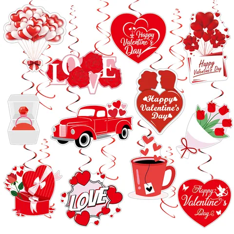Valentine's Day Hanging Swirl Decorations Red Heart Rose Love Truck Paper Card Plastic Foil Spirals For Romantic Wedding Anniversary Party Decoration