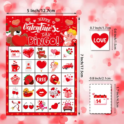 Juego de Cartas de Bingo de San Valentino para Decoración de Fiesta Tema Corazón Rojo Cupido Juego Interactivo de Vacaciones Tarjetas de Papel