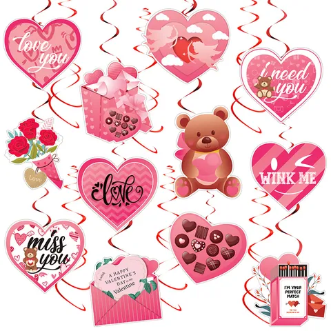 Valentine's Day Hanging Spiral Swirls Heart Bear Rose Romantic Party Decoration Cards And Ceiling Ornaments
