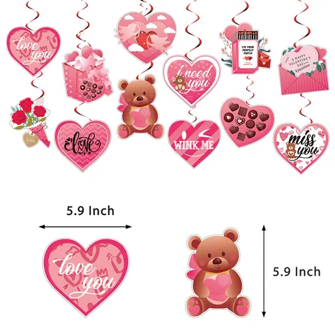 Valentine's Day Hanging Spiral Swirls Heart Bear Rose Romantic Party Decoration Cards And Ceiling Ornaments