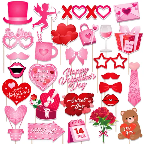 Romantic Paper Valentine's Day Photo Booth Props Set With Wood Sticks Pink Heart Cupid Lips For Party Wedding Decoration
