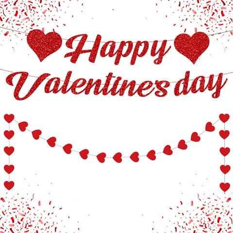 Red Glitter Happy Valentine's Day Banner Garland Heart Paper String Romantic Wedding Anniversary Party Decoration