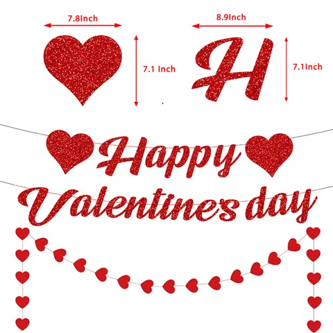 Red Glitter Happy Valentine's Day Banner Garland Heart Paper String Romantic Wedding Anniversary Party Decoration
