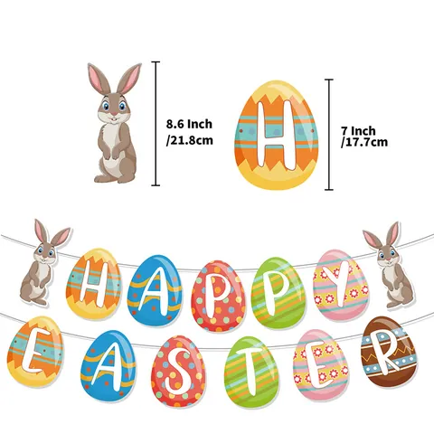 Happy Easter Banner Rabbit Colorful Egg Bunting For Festive Party Indoor Wall Decor Paper Material Easter Supplies