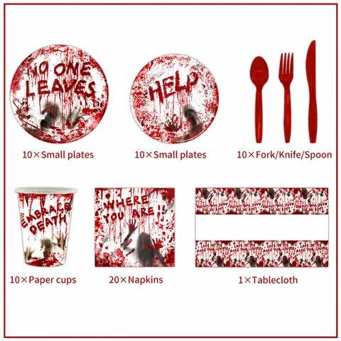 Vaisselle de Fête Halloween Sanglante Blanc Rouge Éclaboussures de Sang Assiettes en Papier Gobelets Serviettes Nappe Couverts Horreur