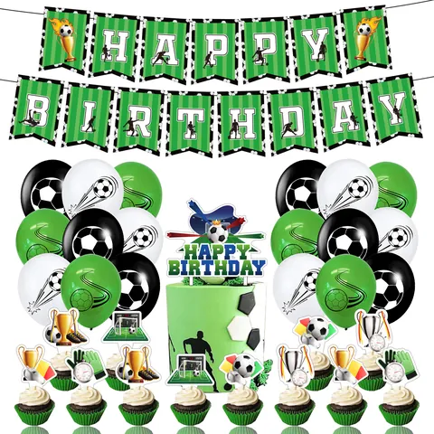 Fußball Thema Geburtstag Party Deko Set Sport Banner Kuchen Topper Latex Luftballons Grün Weiß Schwarz Partybedarf
