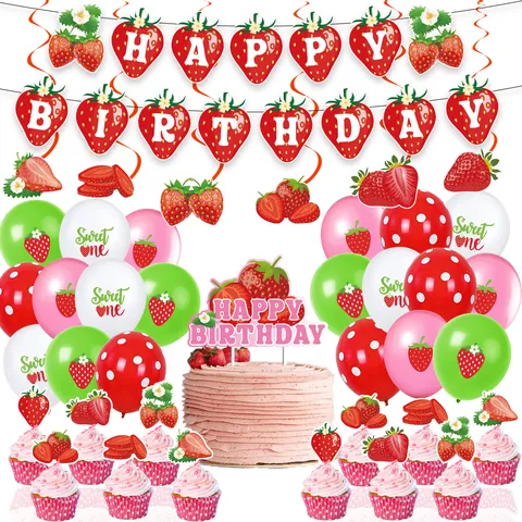 Decoraciones de Fiesta de Cumpleaños de Fresa Pancarta Happy Birthday Toppers de Pastel Globos Espirales Colgantes para Niños