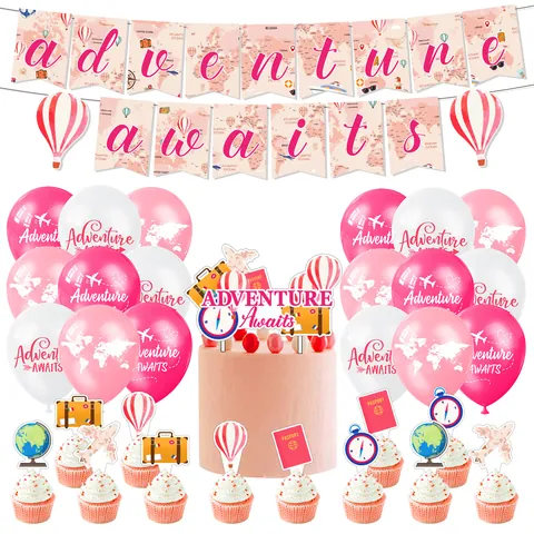Decorazione per Feste a Tema Viaggio nel Mondo Rosa Striscione Topper Grande per Torta Mini Topper per Cupcake Palloncini in Lattice Mappa del Mondo